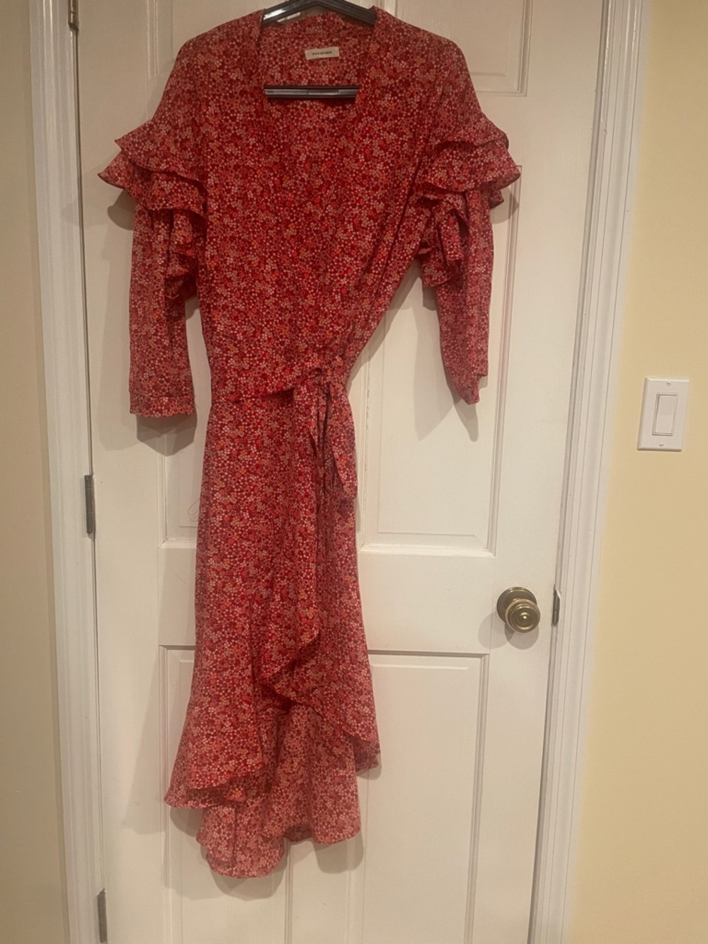 Max Studio Red Floral Wrap Dress with Ruffle Sleeves